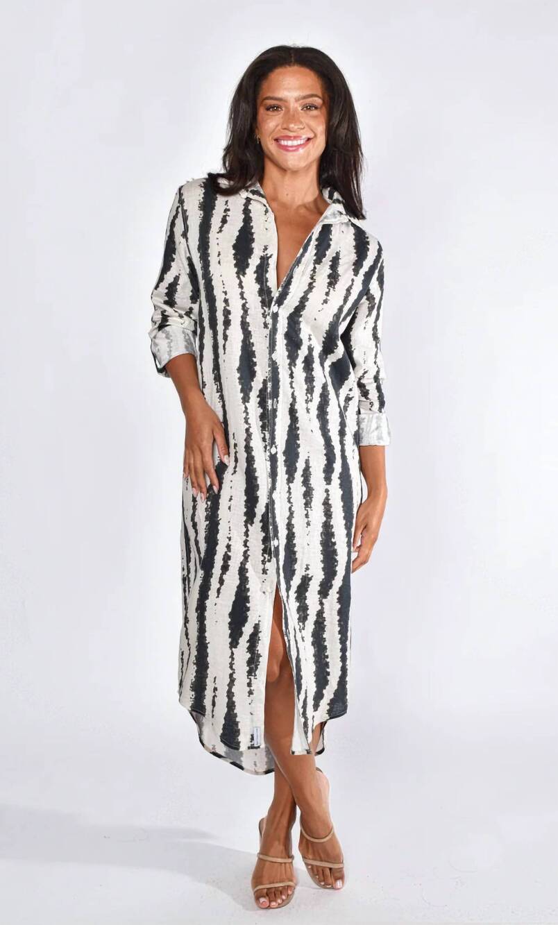 NEW EMILY PHILLIPS linen girlfriend midi dress in cream and brown